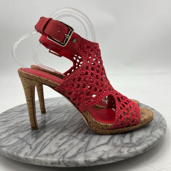 Donald J Pliner Heel Women 9 Sania Cork Caged Stiletto Slingback Pink Buckle - Picture 2 of 13